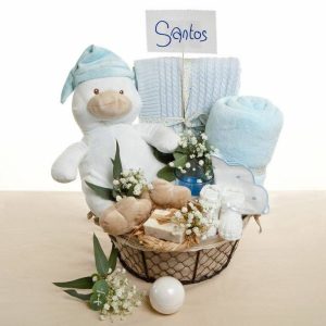 Cesta de regalo para recién ancidos con productos premium de bebé y detalles para mamá